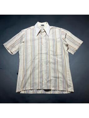 Vintage 70s Cream Pin Stripe Button Up Dress Shirt Mens Small USA Made Press